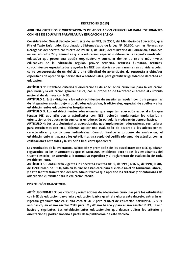 Criterios de Adecuación Curricular Decreto 83 | PDF | Plan de estudios ...