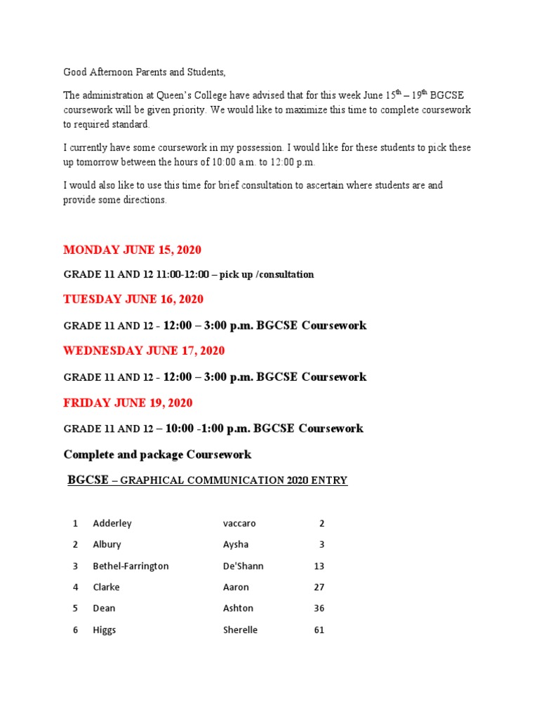 BGCSE Coursework Schedule for Grades 11-12 | PDF