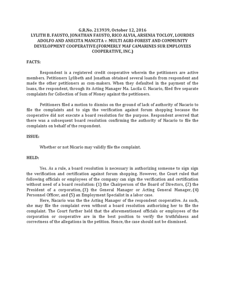 Fausto Et. Al Vs Multi Agri-Forest and Community Development Cooperative |  PDF