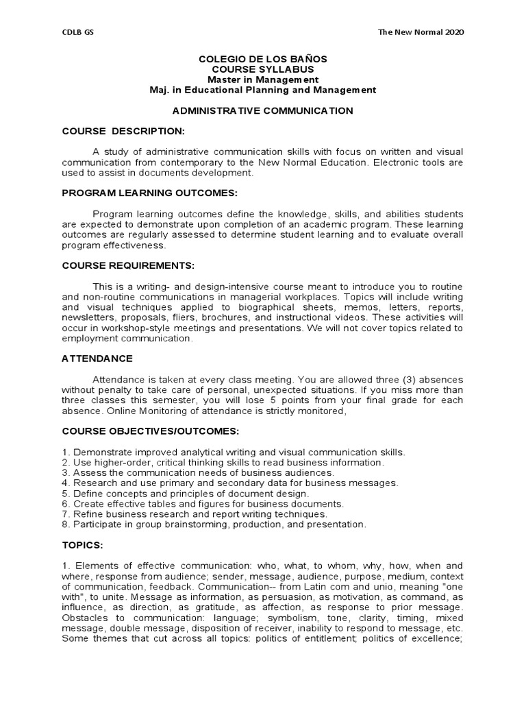Administrative Communication Course Syllabus | PDF | Communication ...