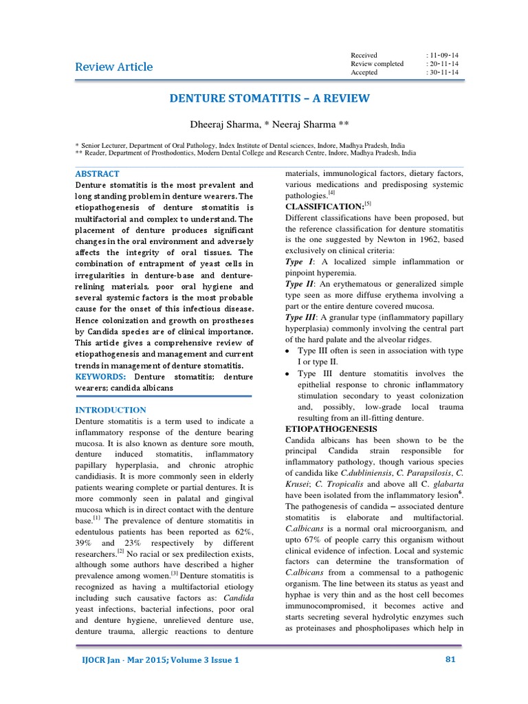Denture Stomatitis - A Review PDF | PDF | Candida (Fungus) | Candidiasis