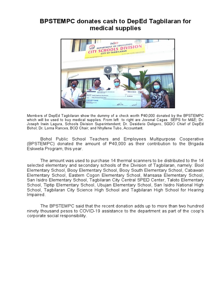 Bpstempc Donates Cash To Deped Tagbilaran For Medical Supplies PDF