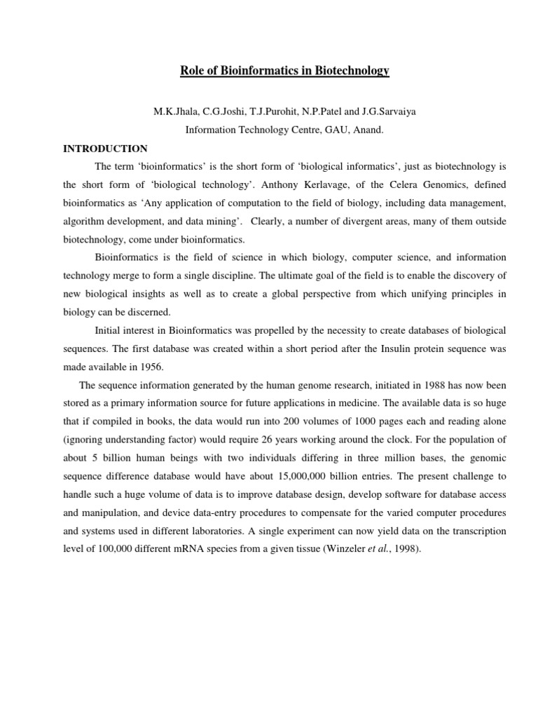 Role of Bioinformatics in Biotechnology | PDF | Bioinformatics | Genomics