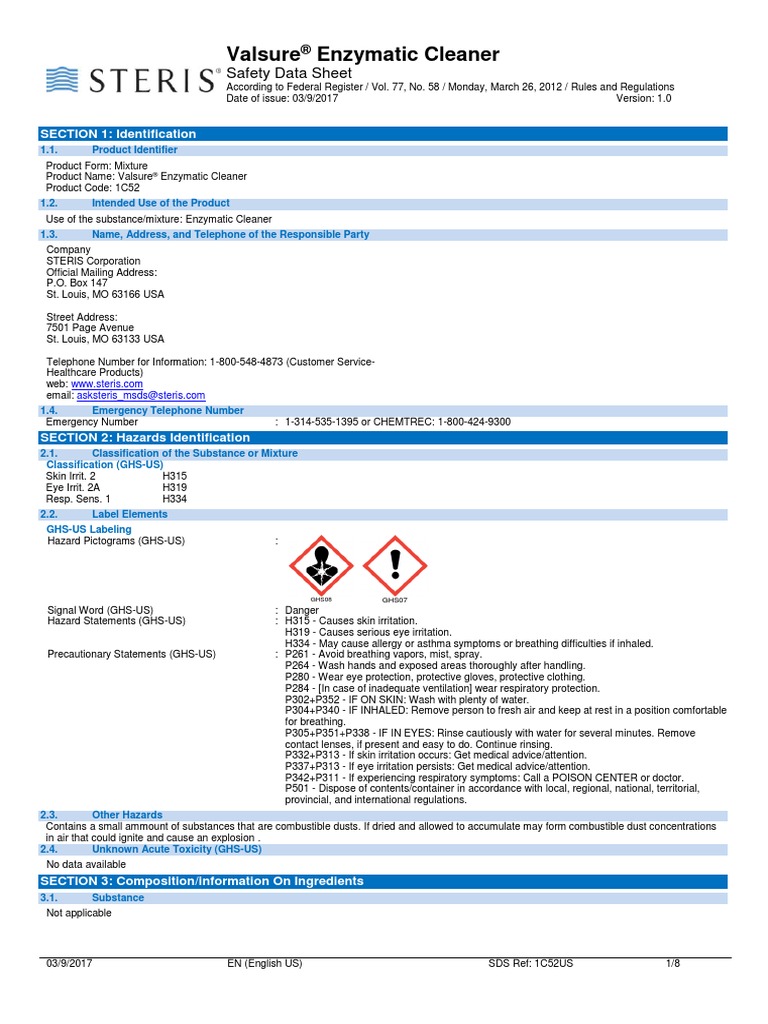 Valsure Enzymatic Cleaner Safety Data Sheet PDF Personal