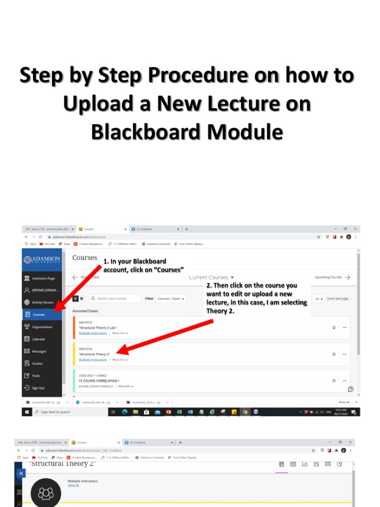 Step by step procedure on how to upload a new lecture on blackboard