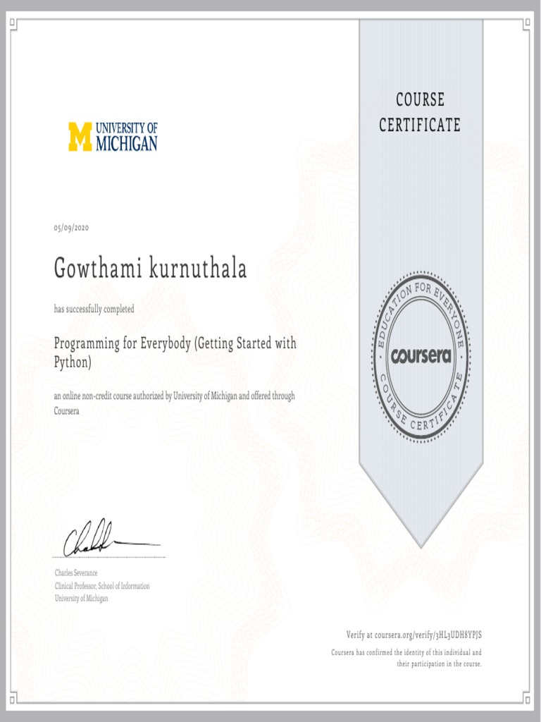 Certificate of Completion for 'Programming for Everybody (Getting ...