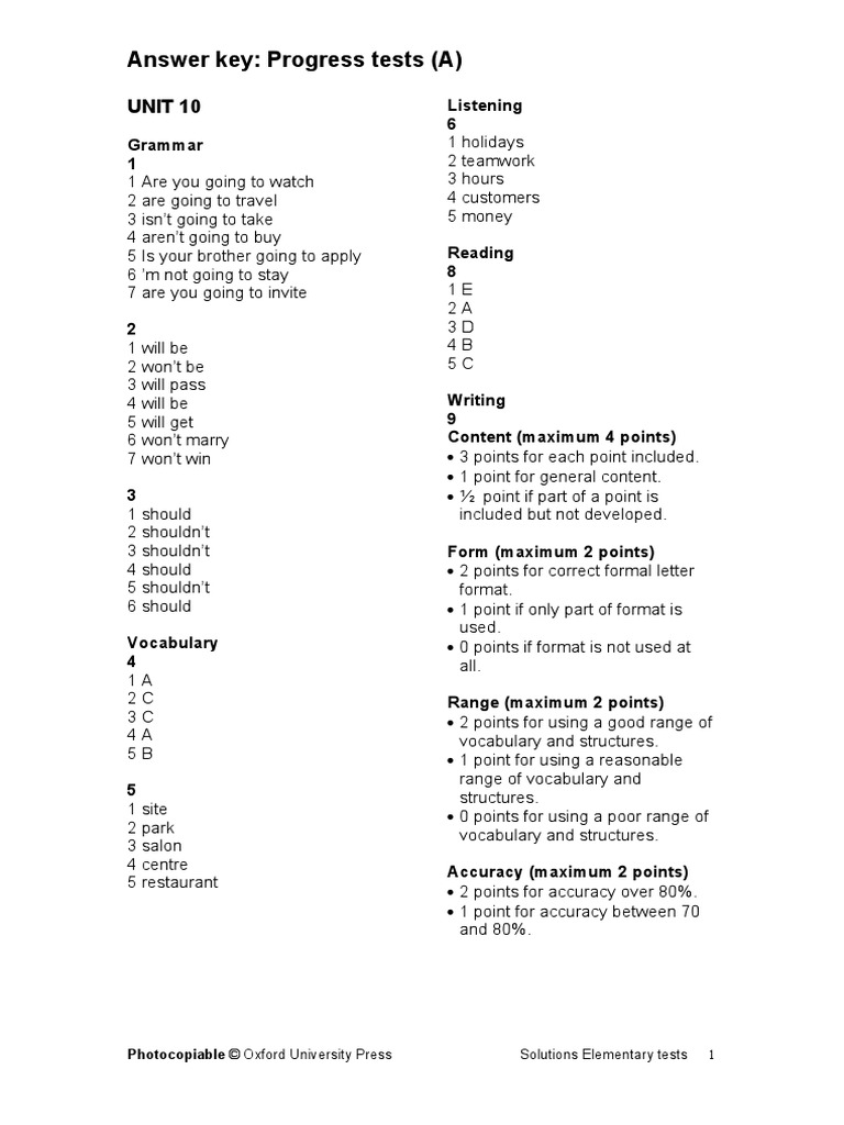 Answer Key: Progress Tests (A) : Unit 10 | Download Free PDF | Learning ...