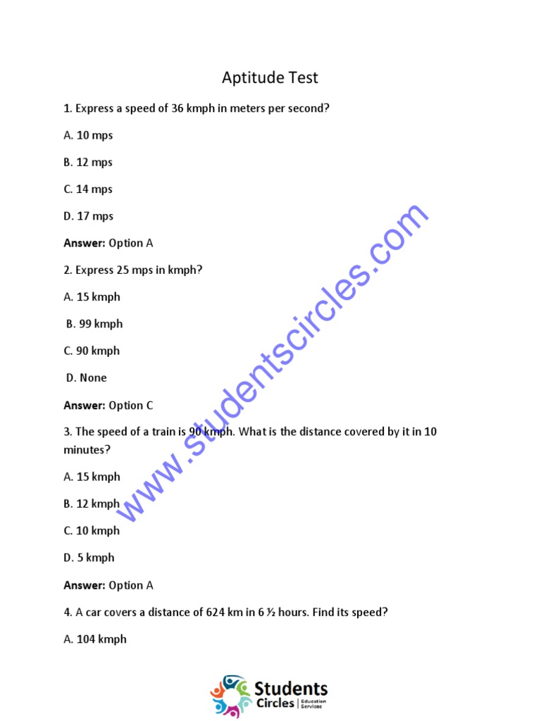 Aptitude Test: Answer: Option A | PDF | Speed for Free Printable Aptitude Test Pdf