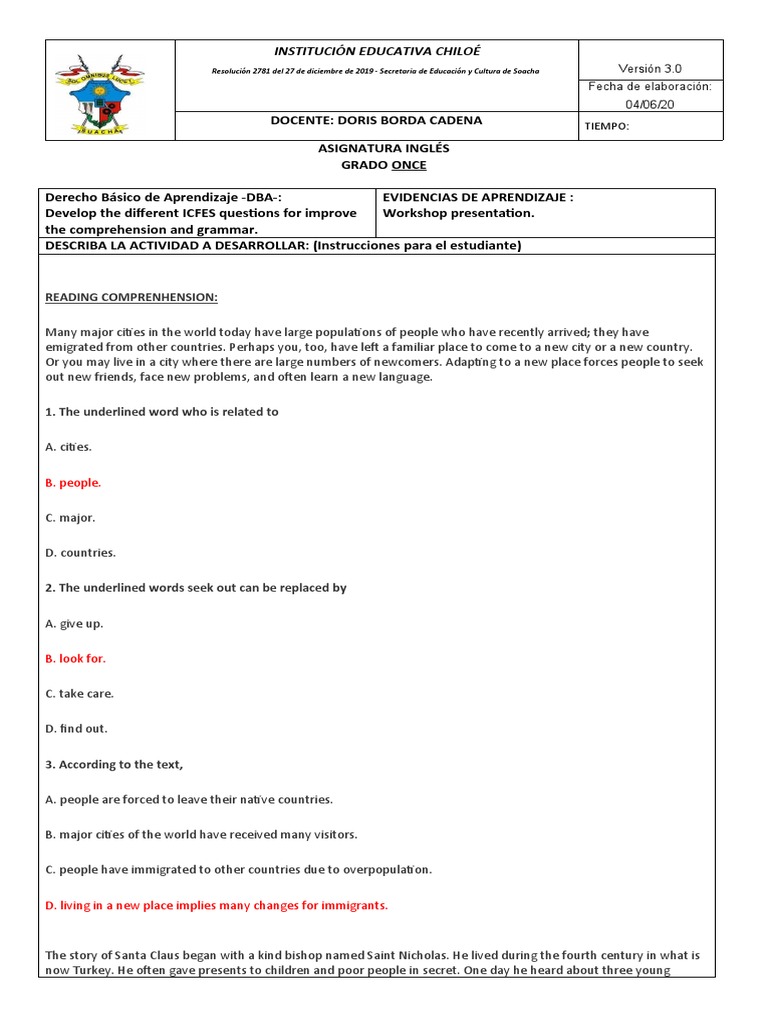 ICFES English Workshop for Grade 11 | PDF | Santa Claus | Christmas