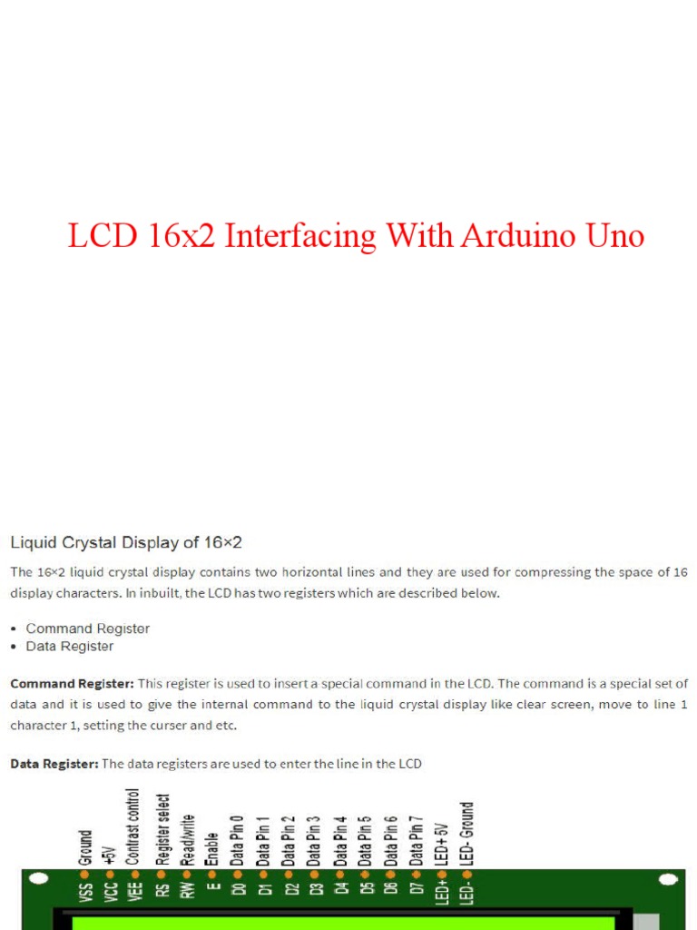 Interfacing 16x2 LCD with Arduino Uno | PDF | Electronics | Computer ...
