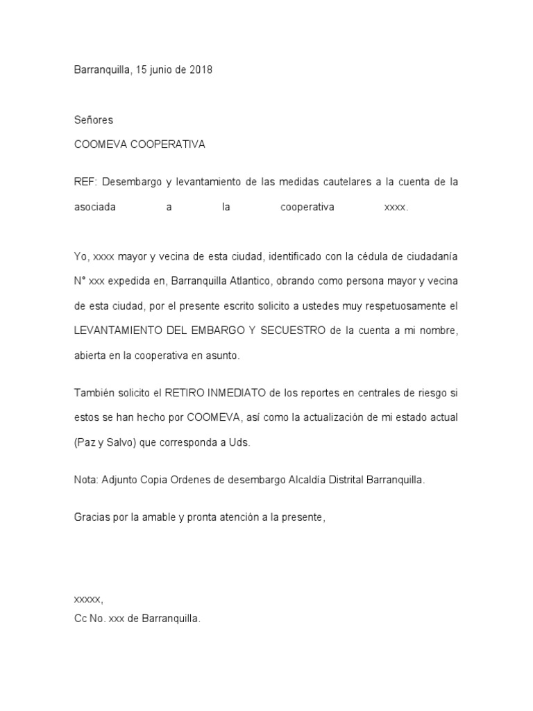 Carta De Desembargo Modelo Posesion Ley Procedimiento Civil