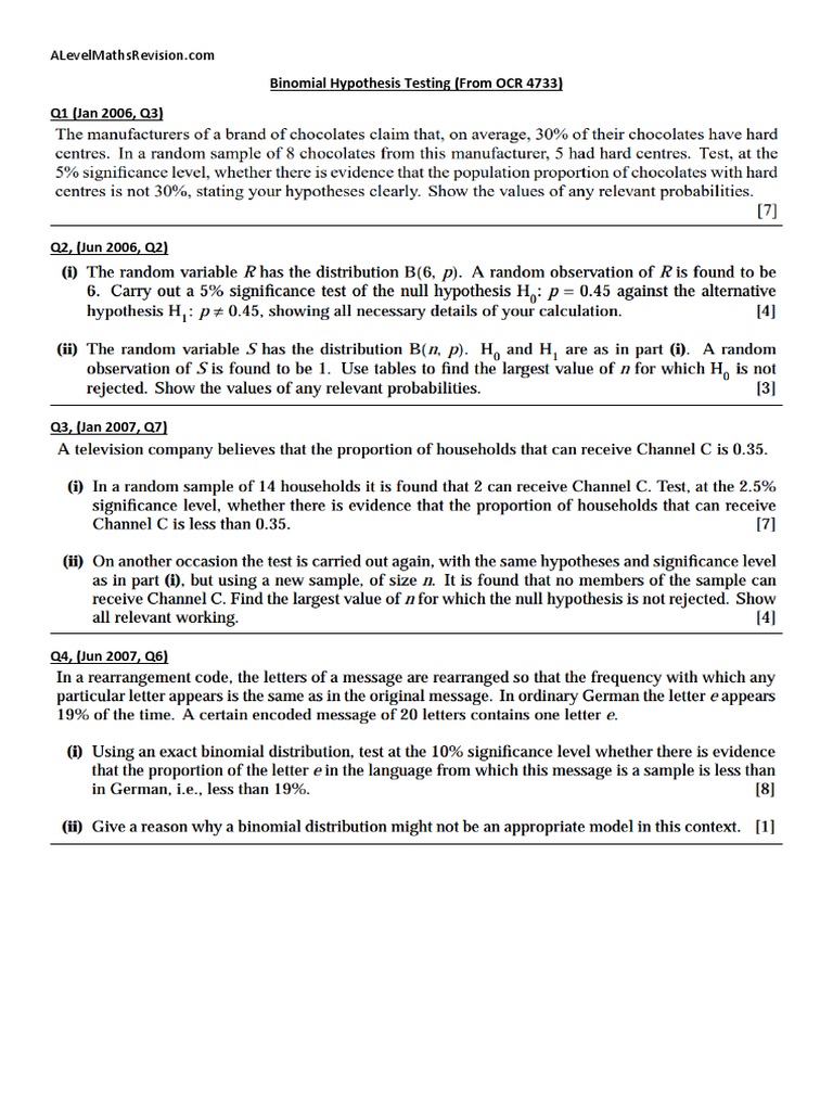 Binomial Hypothesis Testing Exam Questions | PDF