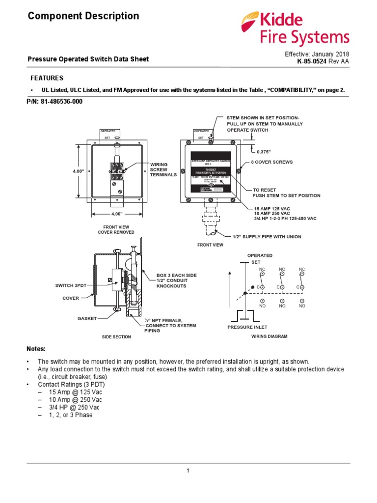 Pressure Operated Switch Data Sheet: K-85-0524 Rev AA Features | PDF ...