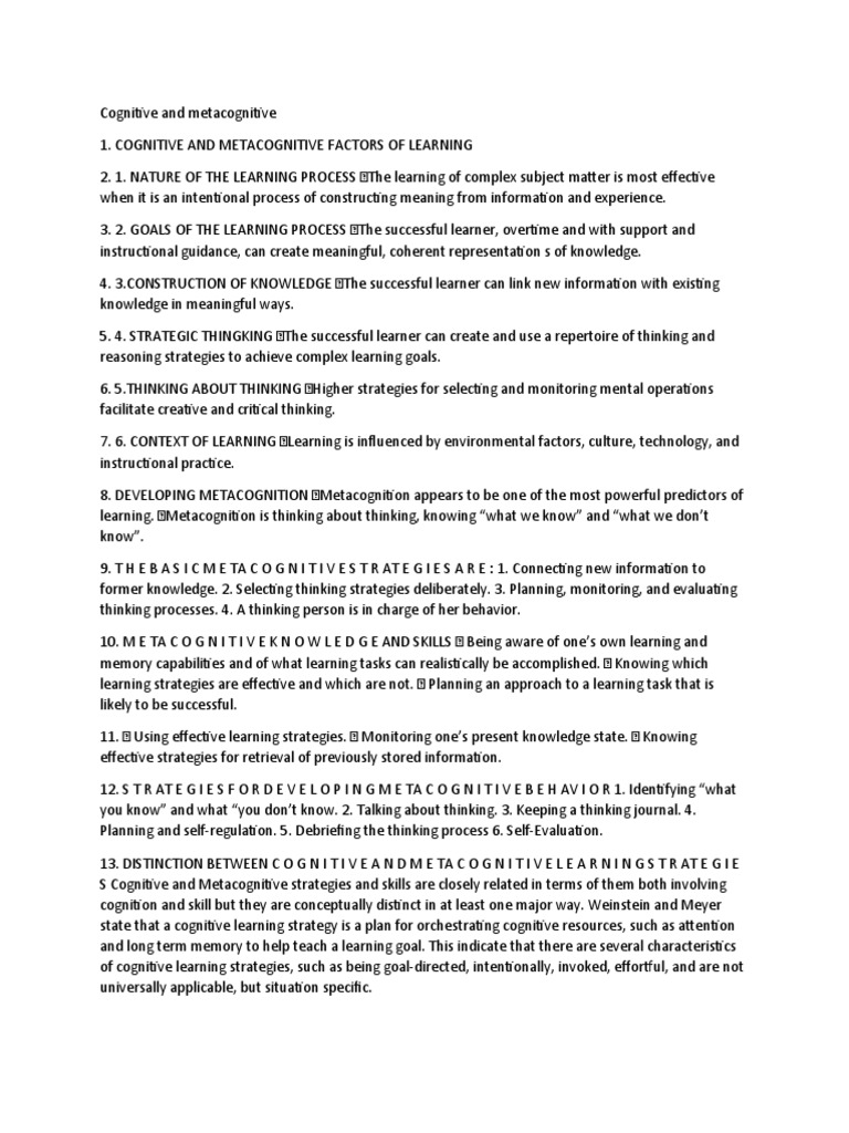 Cognitive and Metacognitive Learning Strategies | PDF | Metacognition ...