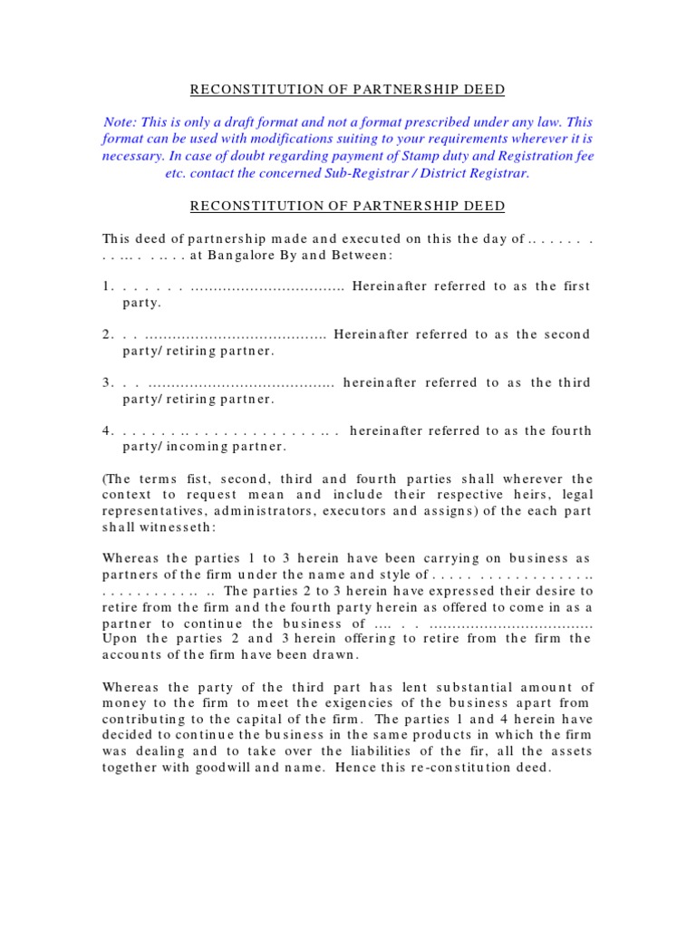 Reconstitution Of Partnership Deed Loans Private Law