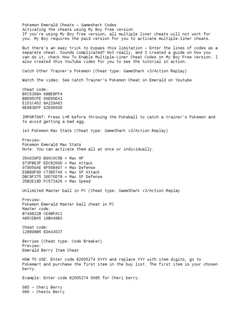 A Comprehensive Guide to Pokemon Emerald Cheats and Codes | PDF ...
