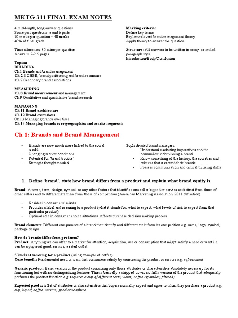 MKTG 311 Final Exam Notes: CH 1: Brands and Brand Management | PDF ...