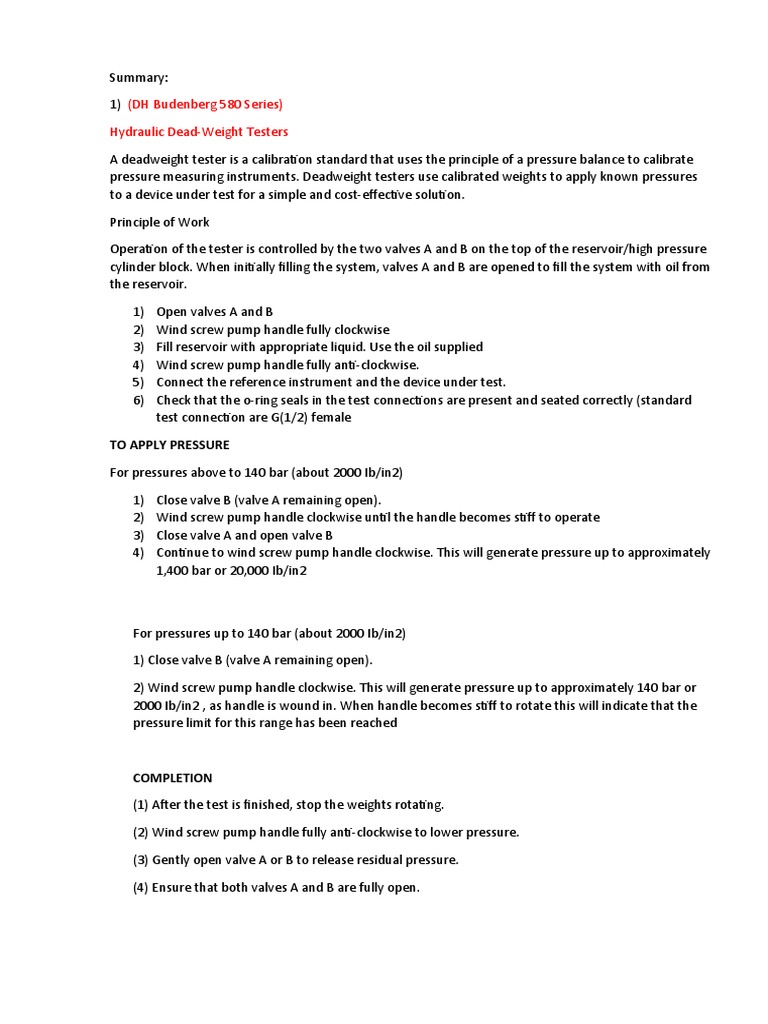 (DH Budenberg 580 Series) Hydraulic Dead-Weight Testers: To Apply ...