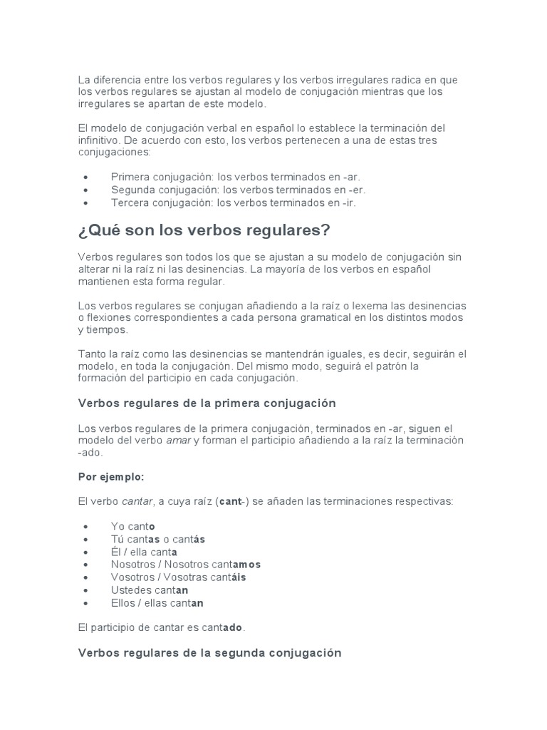 La Diferencia Entre Los Verbos Regulares y Los Verbos Irregulares Radica en  Que Los Verbos Regulares Se Ajustan Al | PDF | Conjugación gramatical |  Verbo