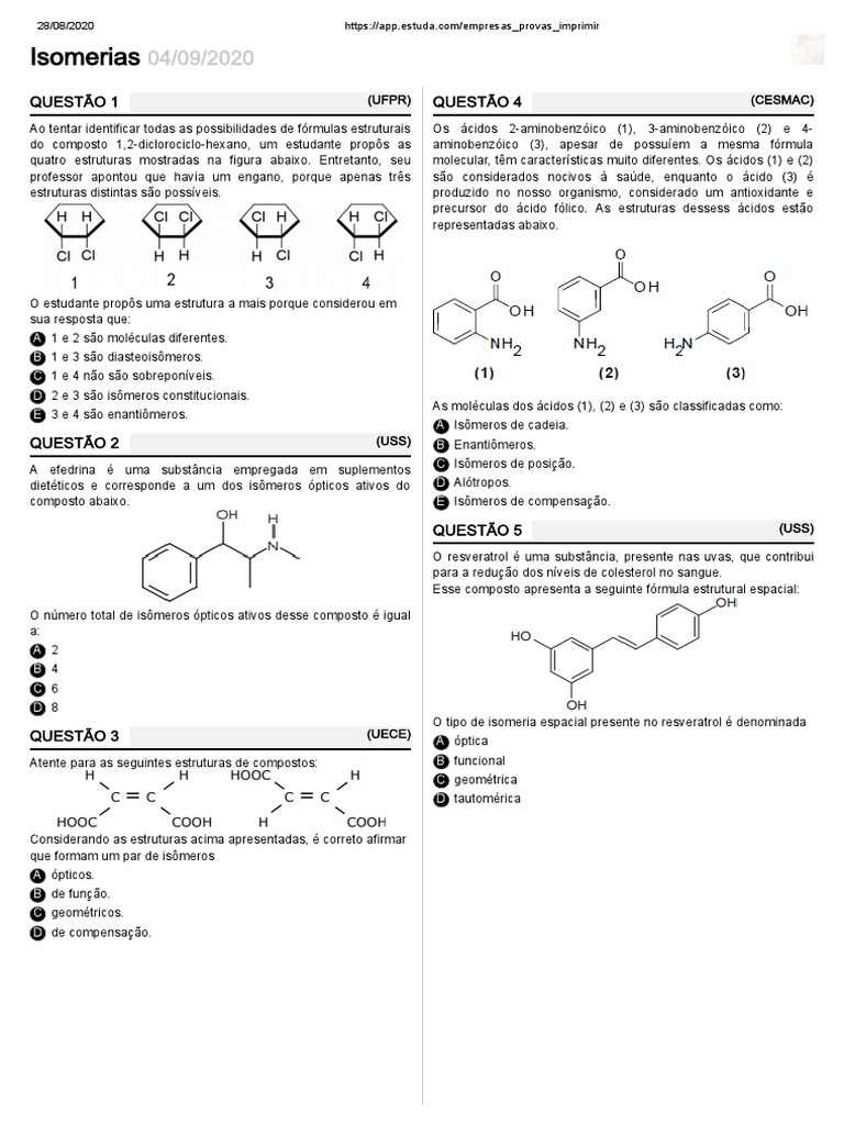 Isomeria: Exercícios e Questões Práticas | PDF | Isômero | Éster