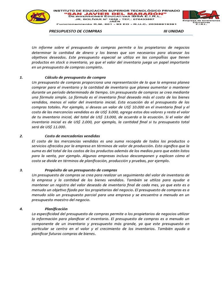 Presupuesto de Compras 2020 | PDF | Presupuesto | Inventario