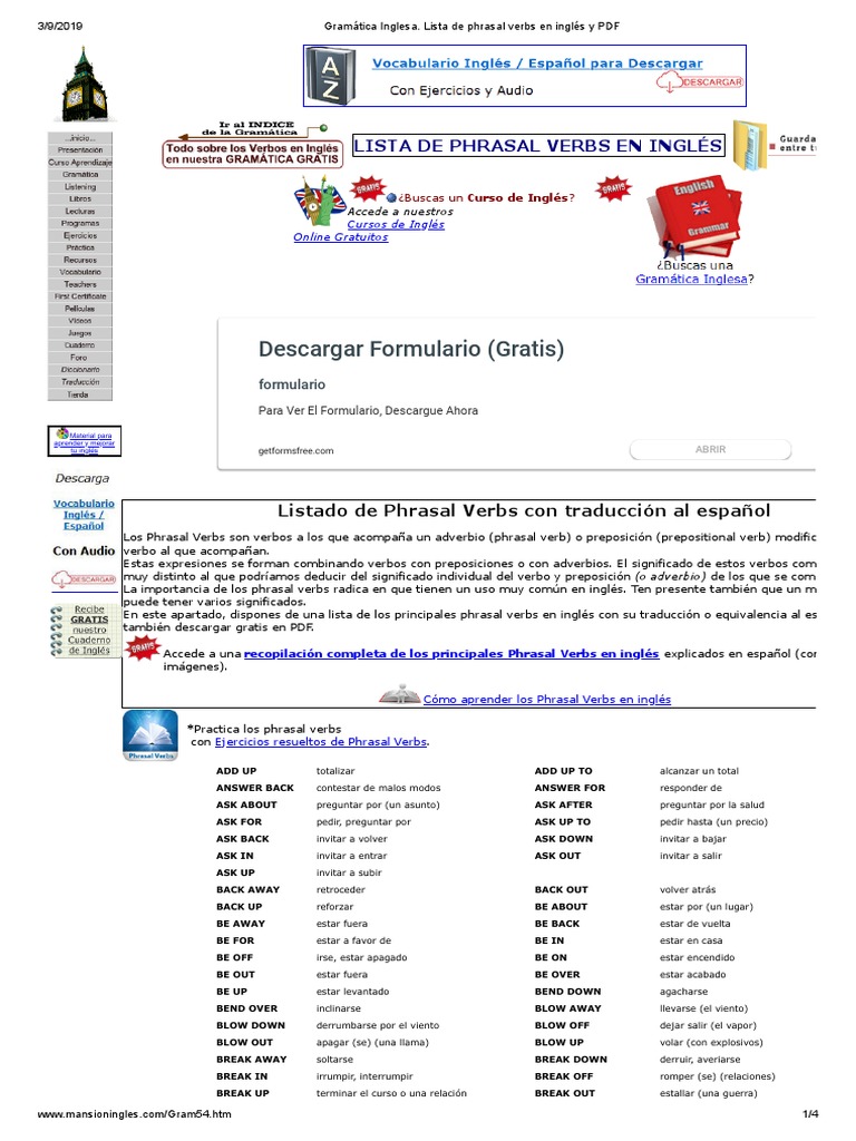 Gramática Inglesa. Lista de Phrasal Verbs en Inglés y PDF | PDF ...
