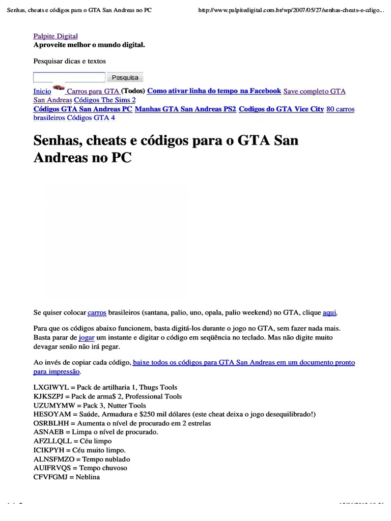 Códigos E Dicas Para O GTA San Andreas PC, 2023