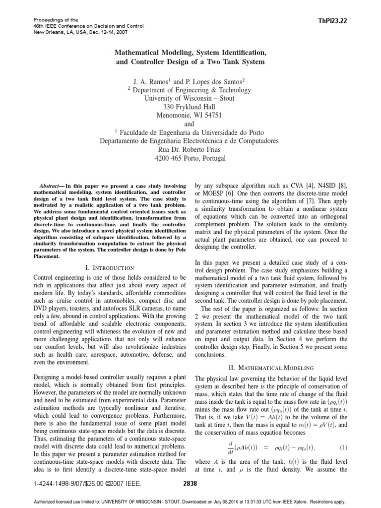 Mathematical Modeling, System Identification, and Controller Design of ...
