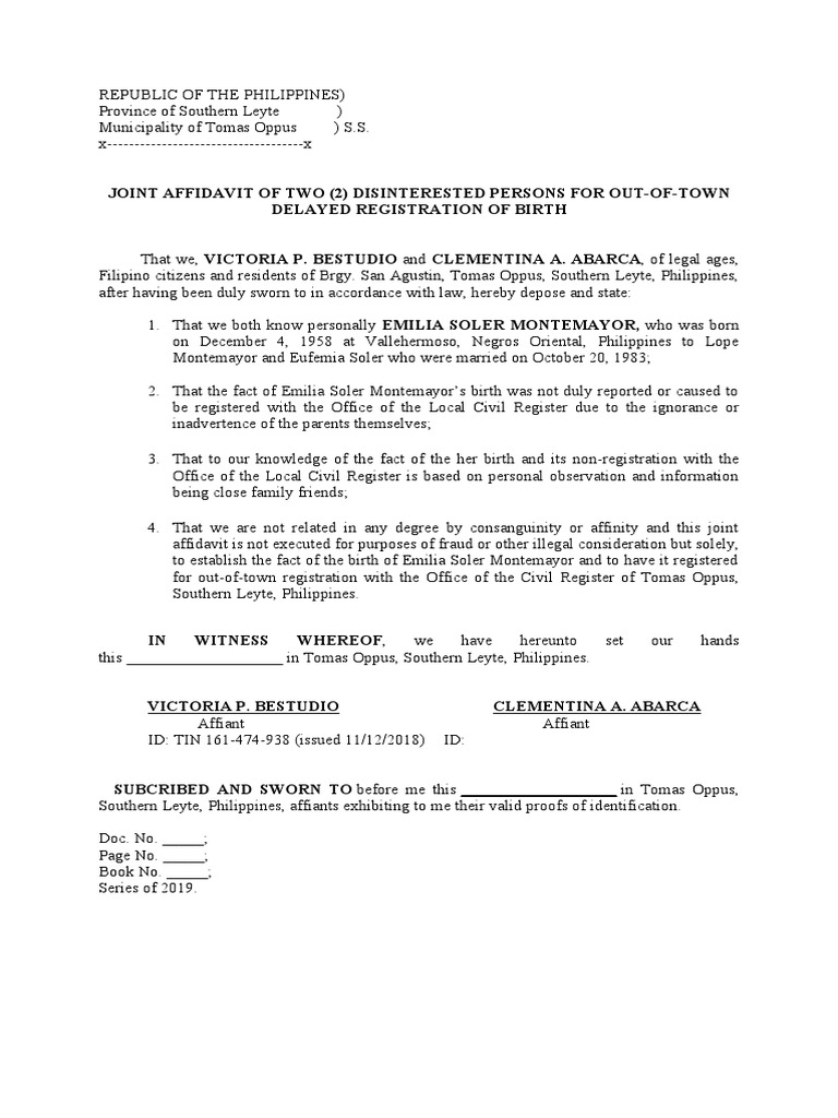 Affidavit For Delayed Registration of Birth PDF