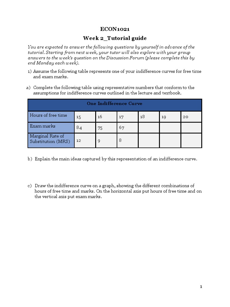 1021 S2 Tutorial 1 - Week 2 - Questions | PDF | Microeconomics | Economics