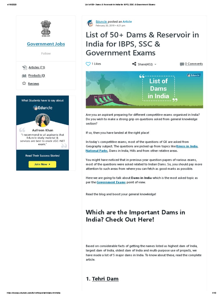 List of 50+ Dams & Reservoir in India For IBPS, SSC & Government Exams