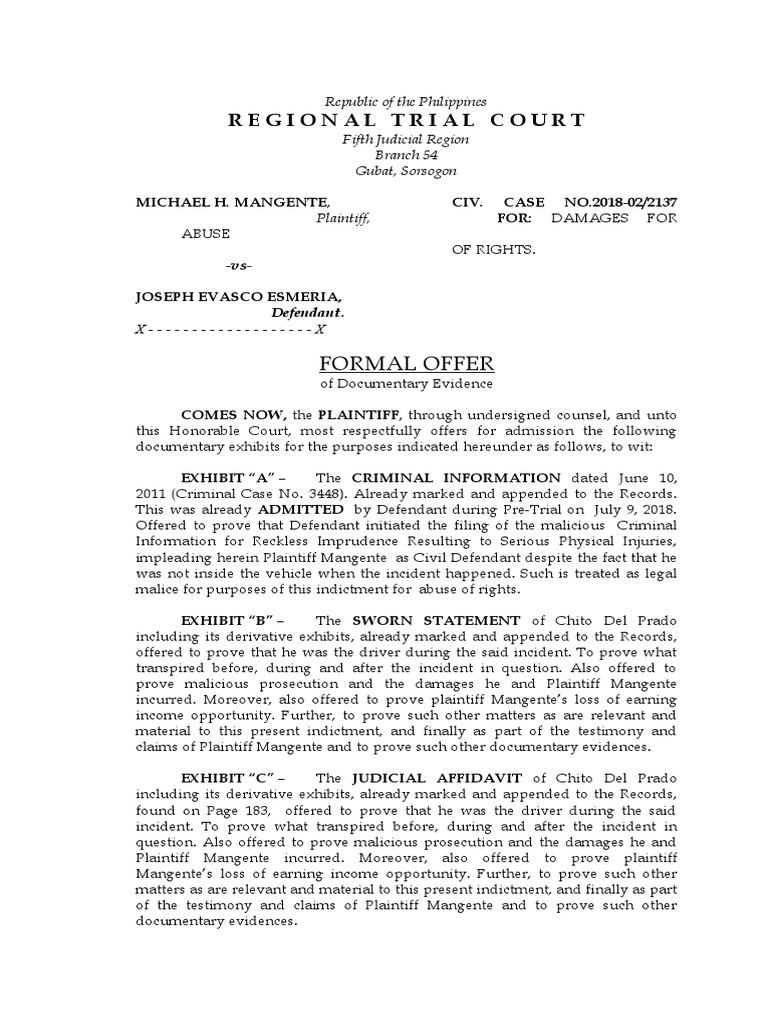 Formal Offer Of Evidence Philippines
