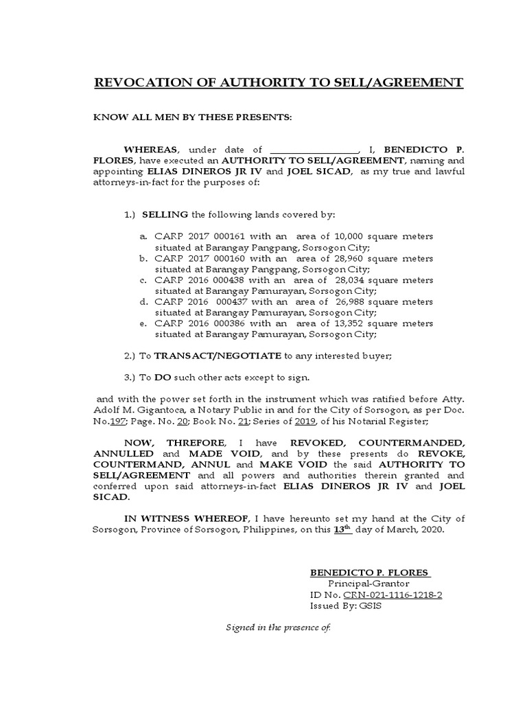 Revocation of Authority to Sell Agreement | PDF | Notary Public | Document