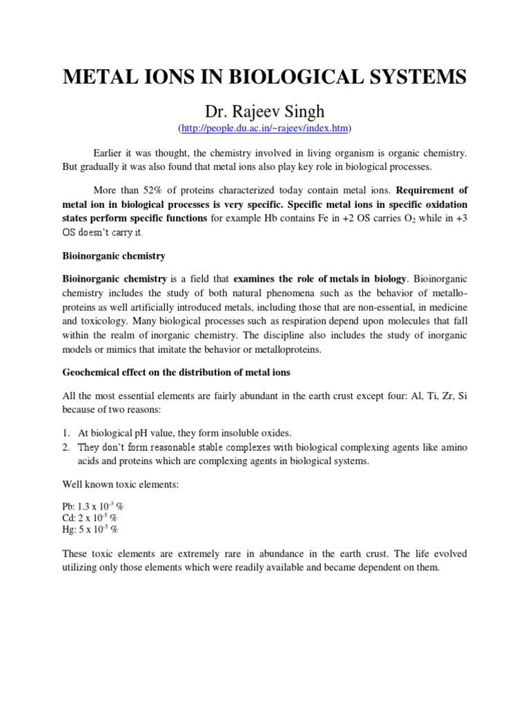 Role of Metal Ions in Biology | PDF | Bioinorganic Chemistry | Iron