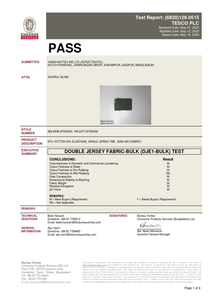 Test Report: (6820) 128-0515 Tesco PLC: Double Jersey Fabric-Bulk (Dje1 ...