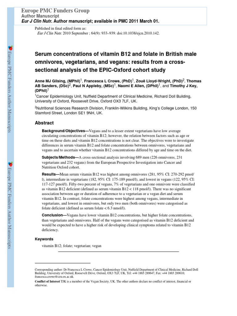 Serum Concentrations of Vitamin B12 and Folate in British Male ...