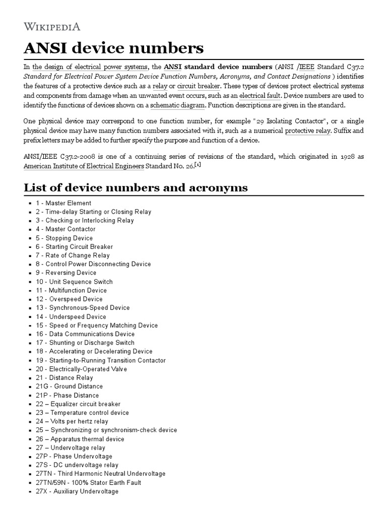 ANSI Device Numbers PDF Relay Electrical Components