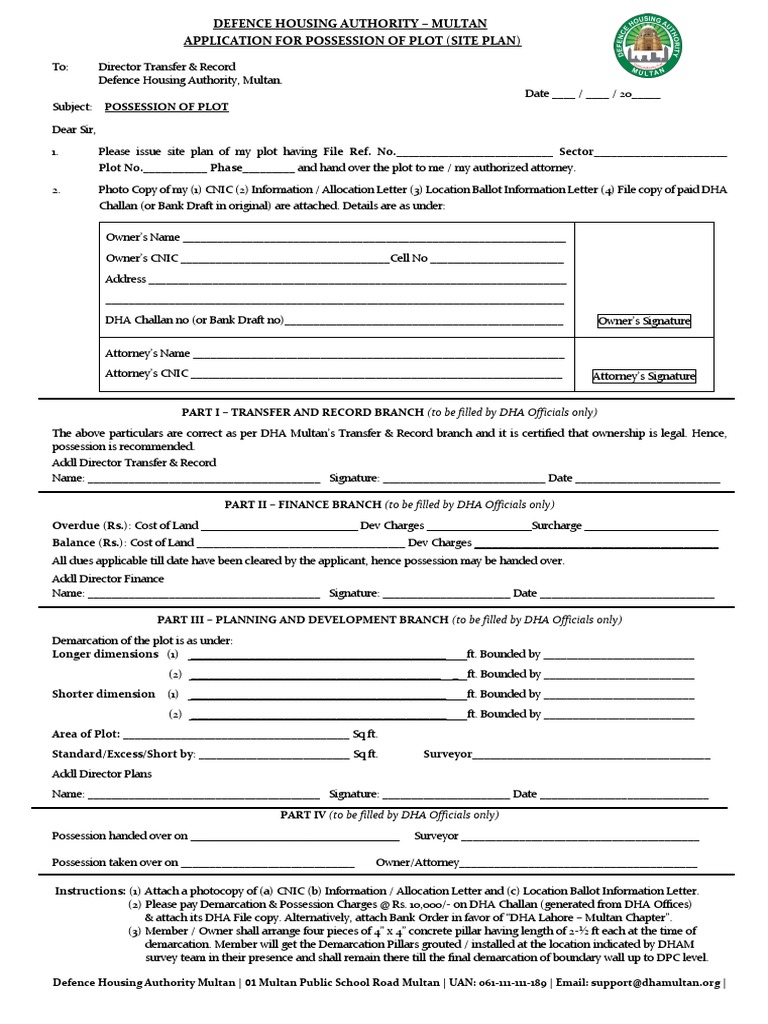 DHA Multan Plot Possession Application | PDF | Government | Business