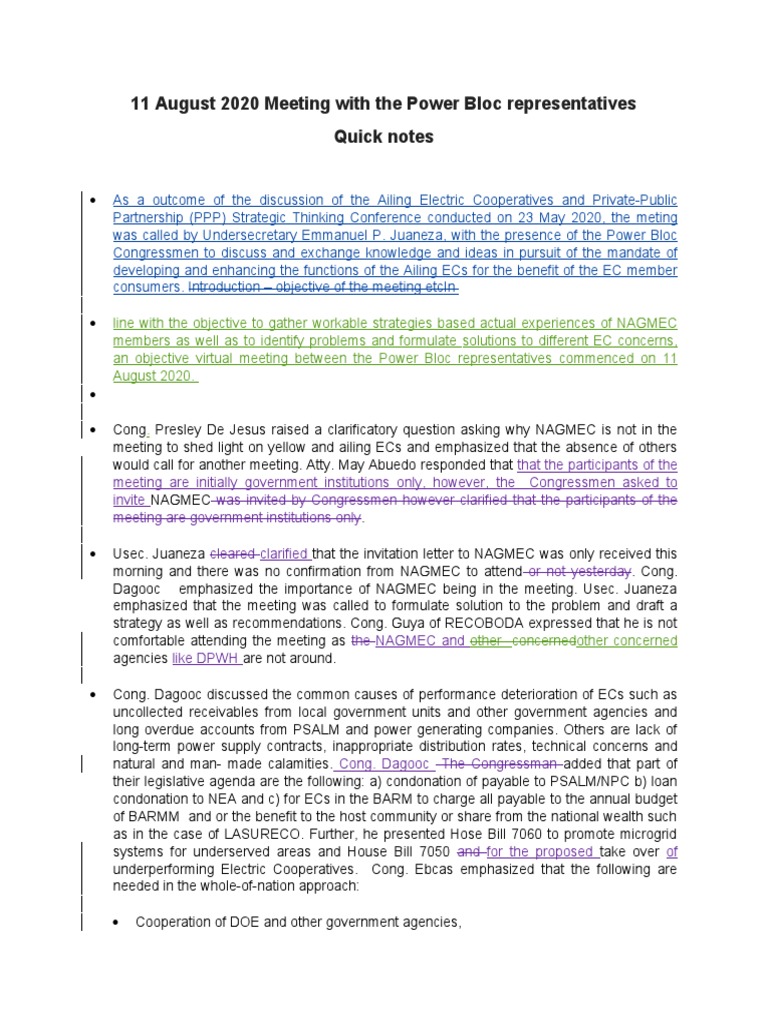 Quick Notes - 11 August 2020 Meeting With The Power Bloc ...