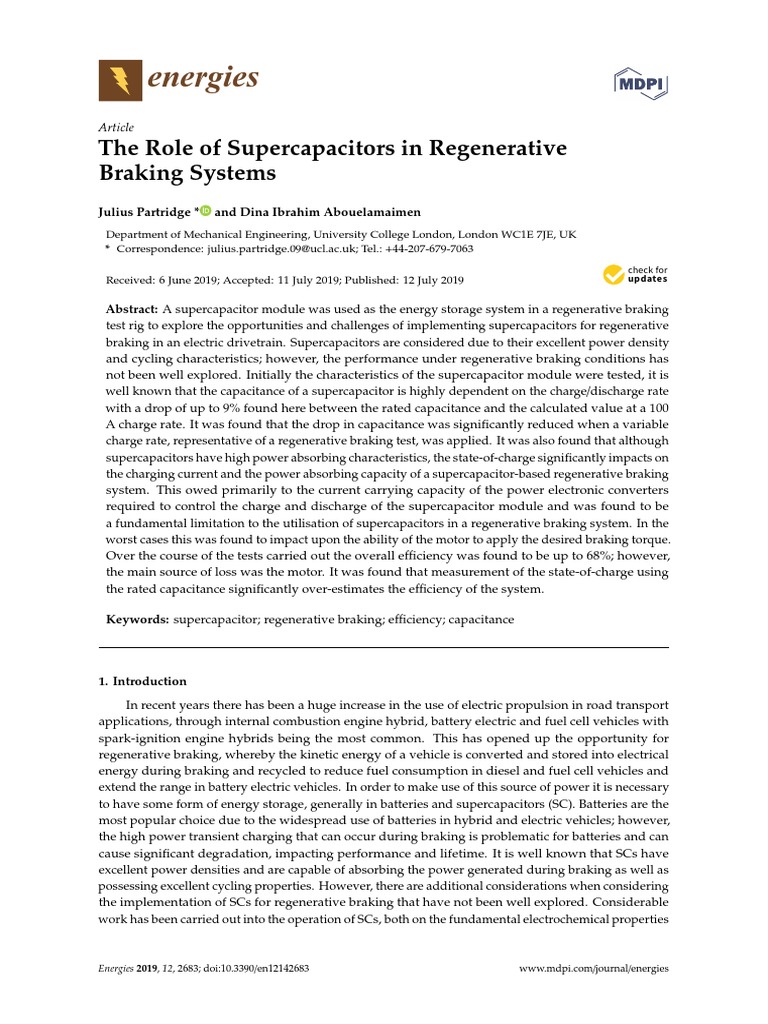 Energies The Role Of Supercapacitors In Regenerative Braking Systems 