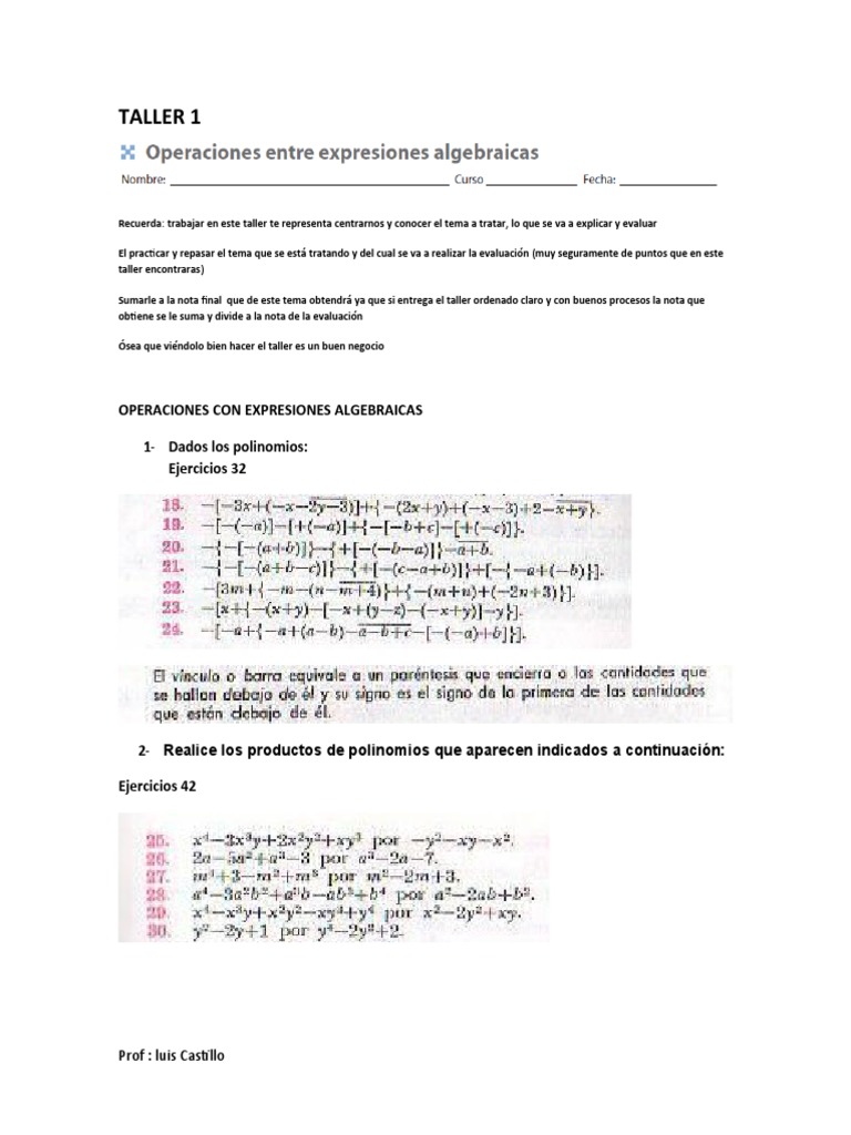 1 - Taller 1 Operaciones Con Expresiones Algebraicas | PDF