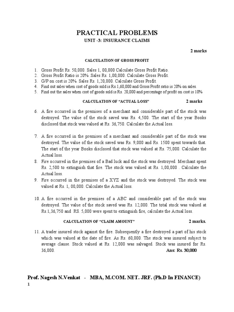 Fire Insurance Claim Calculations | PDF | Accounting | Stocks