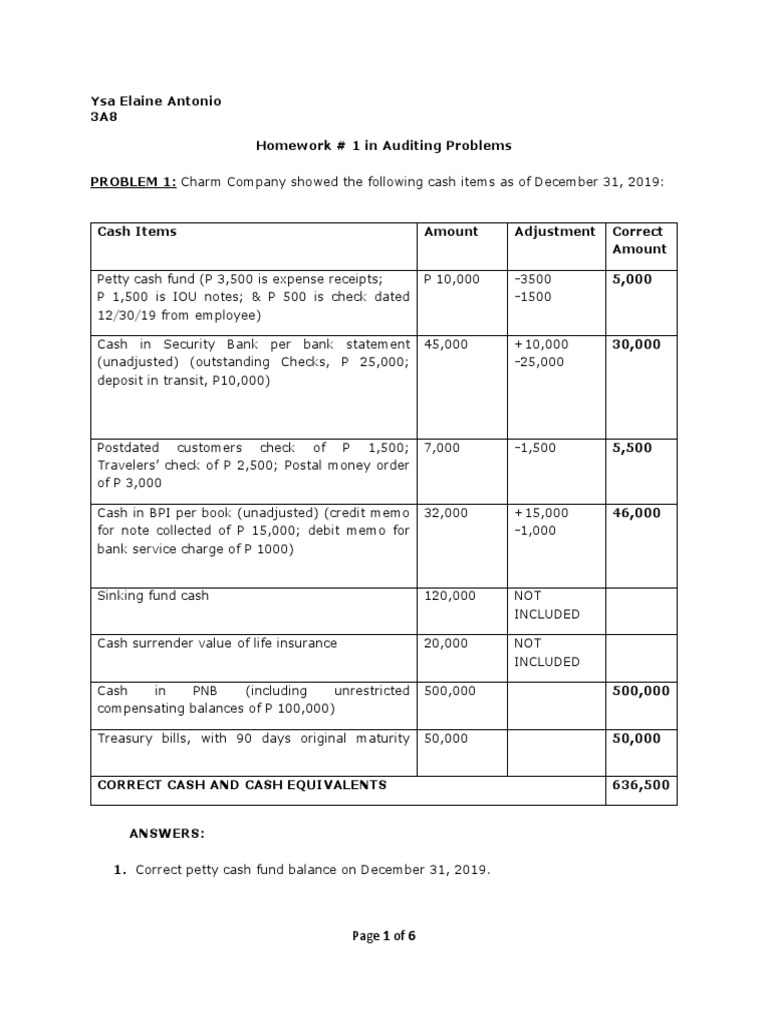 CashAndCashEquivalent Answers On Handout PDF Cheque Cash And