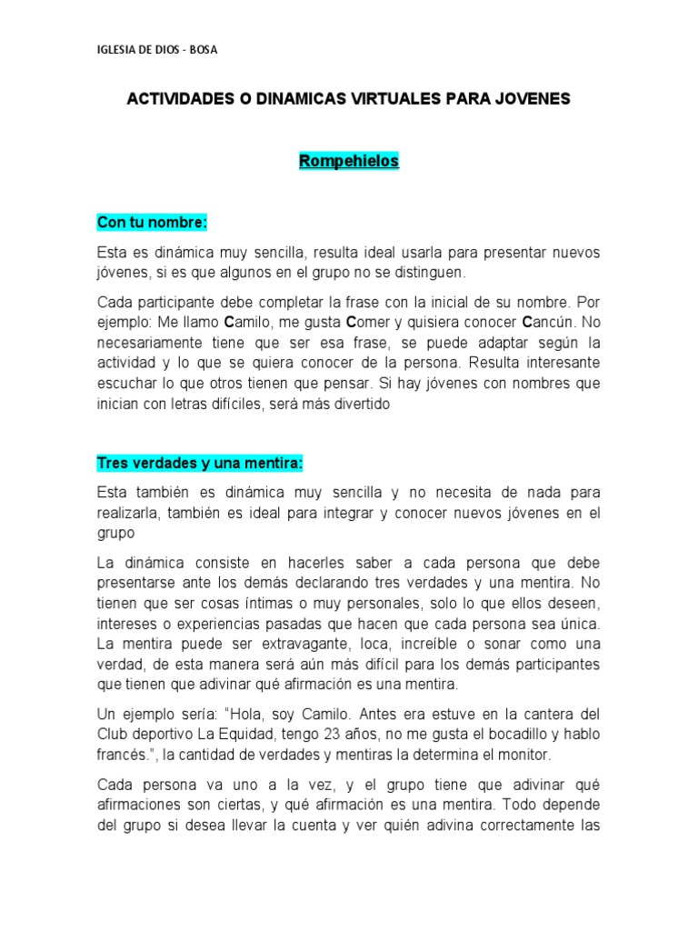 Actividades O Dinamicas Virtuales Para Jovenes En Cuarentena Pdf Biblia