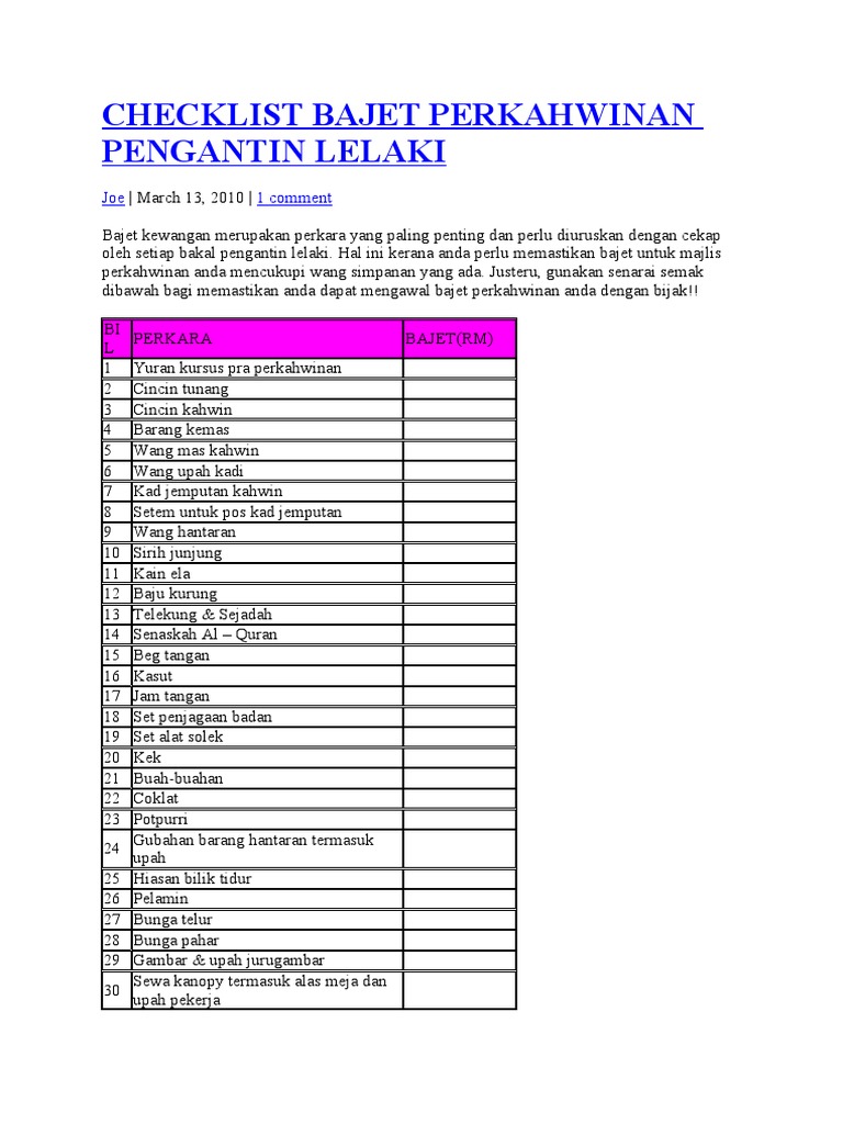 CHECKLIST BAJET PERKAHWINAn