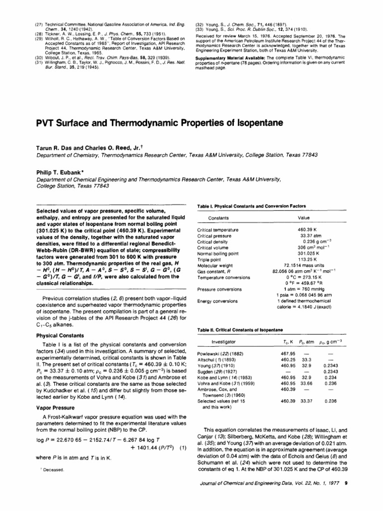 PVT and Thermodynamic Properties of Isopentane | PDF | Enthalpy ...