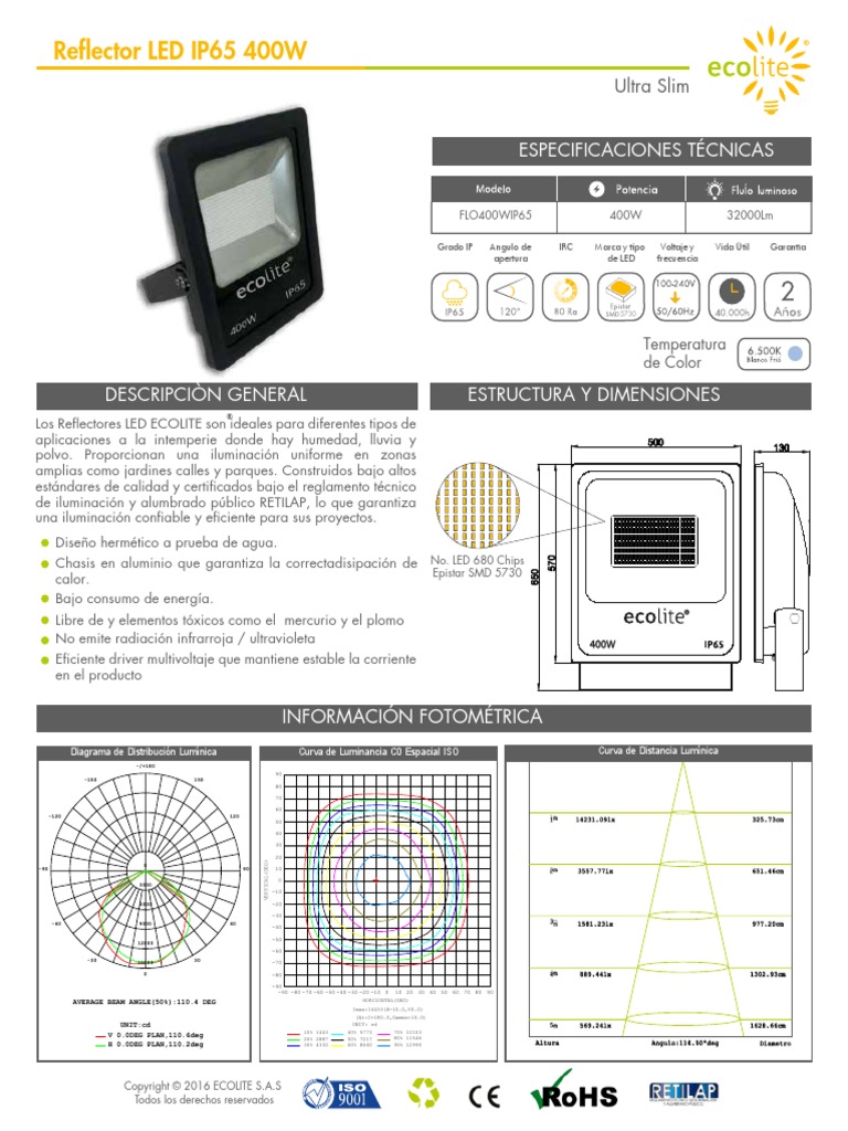 Ficha Tecnica Reflector Led 400w PDF Diodo emisor de luz Encendiendo