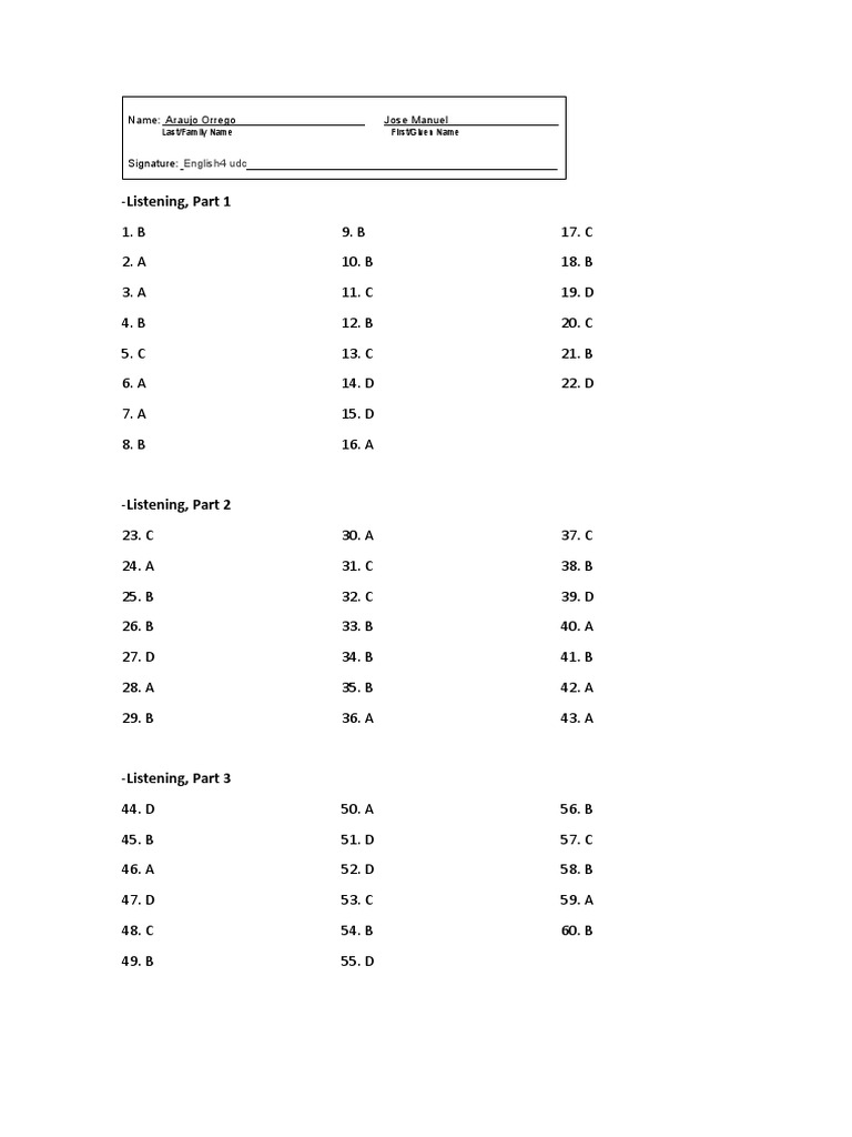 Listening and Grammar Test Answers | PDF