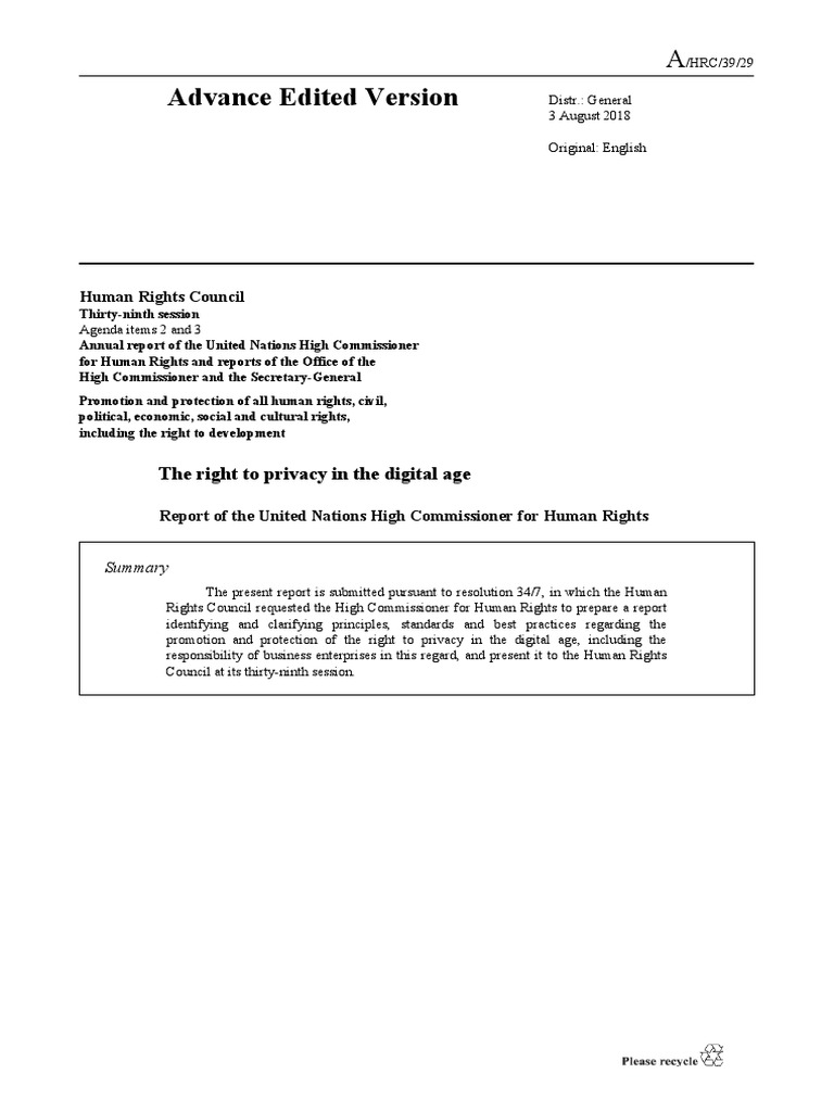 The Right To Privacy in The Digital Age - Commissioner For HR | PDF ...