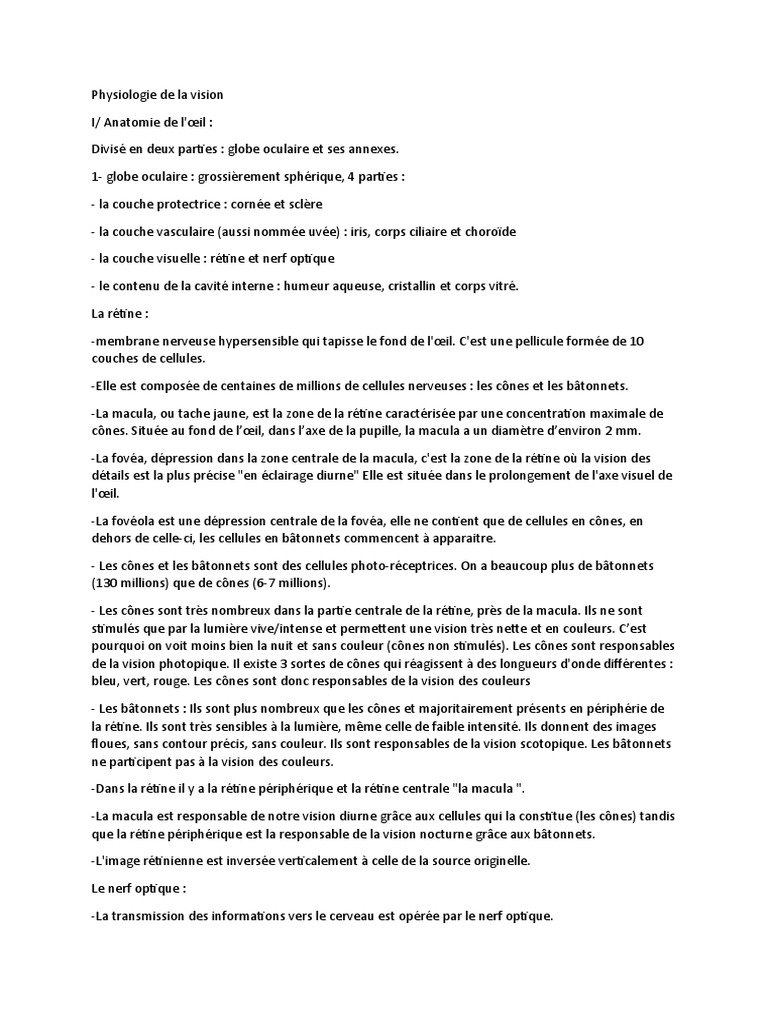 Physiologie De La Vision Pdf Retine Cortex Visuel